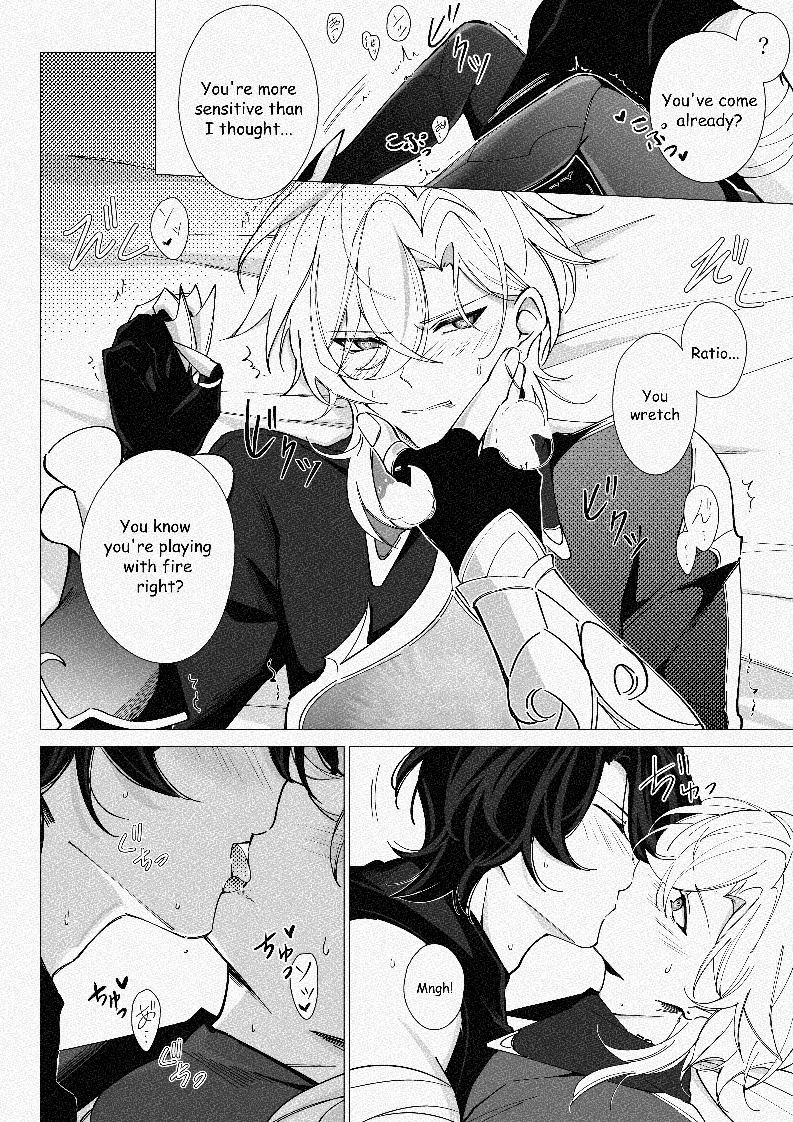 he image is a manga page depicting a romantic scene between two young men.  the top panel shows one man, with long white hair, looking surprised and possibly flustered, while another man, partially obscured, speaks to him.  text bubbles reveal dialogue suggesting a developing relationship and a sense of tension. the bottom panel shows the two men kissing passionately. the style is typical of yaoi manga, focusing on intimacy and emotional expression between the characters. the art is in black and white, with dynamic line work and shading.  there are also various onomatopoeic words and sound effects typical of manga style in the panels.