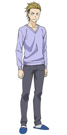 an anime character with spiky blond hair and blue eyes is standing and smiling. he is wearing a lavender vneck sweater, gray pants, and blue slippers.