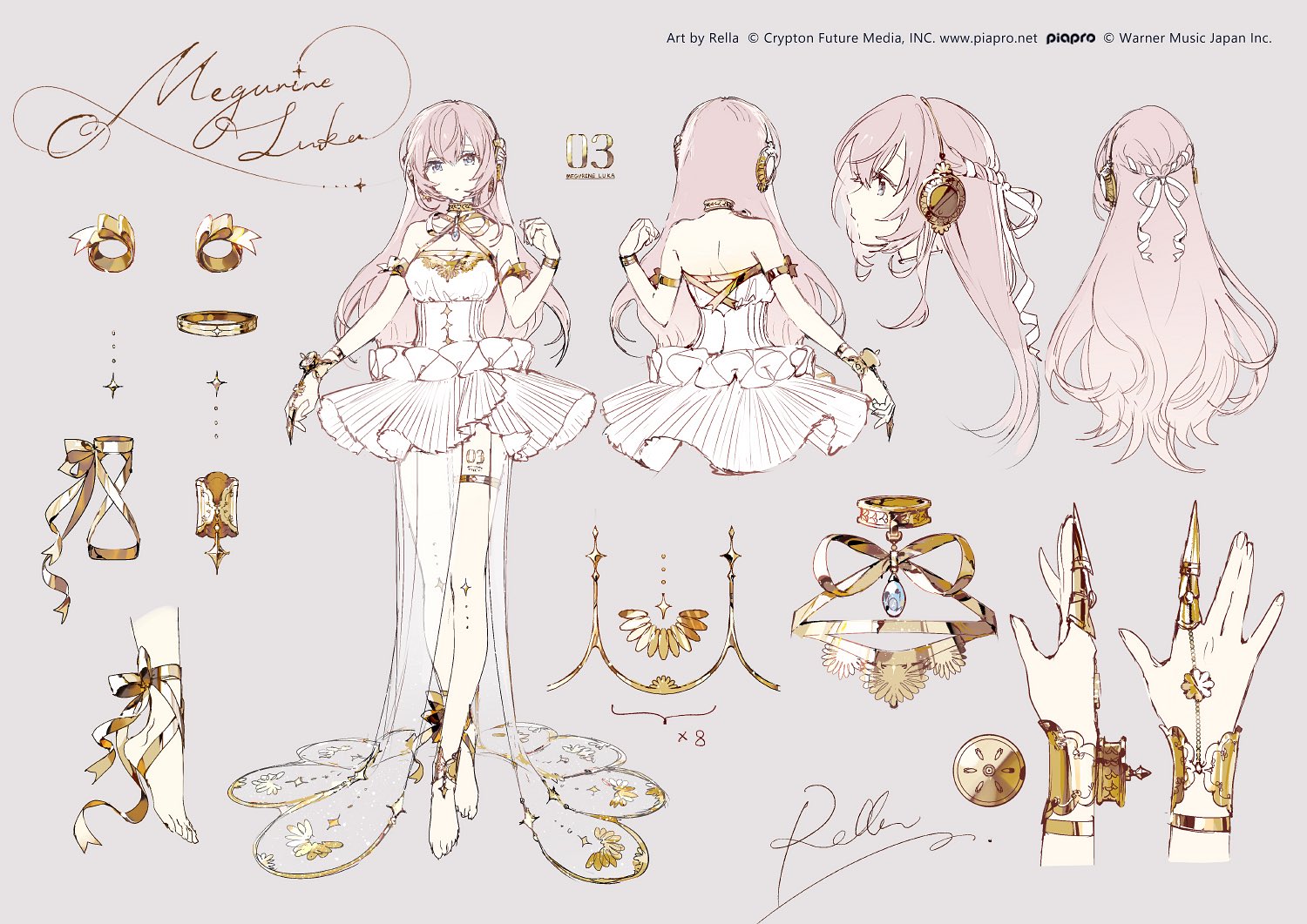 the image is a character design sheet for megurine luka, a vocaloid character, created by rella and crypton future media. the sheet features various views and details of luka's design, including a front view, back view, and side view of her head. she is wearing a white dress with gold accents and various pieces of jewelry, including rings, hand accessories, and foot accessories. the sheet also includes closeups of the hair details and headpiece. the name "megurine luka" is written in stylized script at the top of the sheet, and the artist's signature, "rella," is present at the bottom. the number "03" is also visible, possibly indicating a design version or project number. copyright information for crypton future media, warner music japan inc., and the website www.piapro.net is also included.