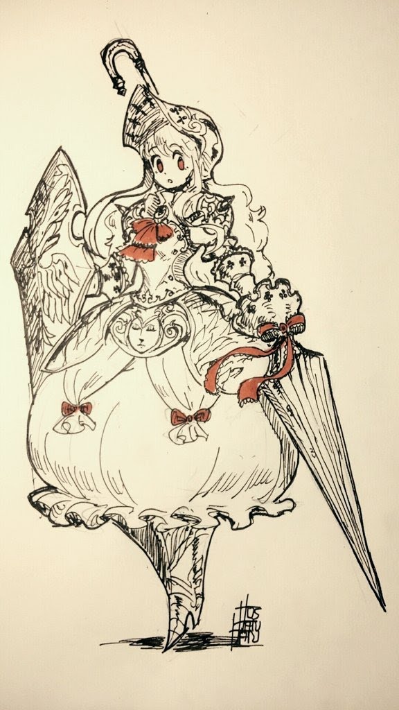 this is an ink drawing of a girl in a fairylike princess dress. she is holding a sword that is also an umbrella. the drawing is done in black and white line art with some red highlights. the girl has wings on her back and a crownlike headwear. the style of the drawing is anime or manga.