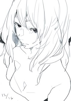 a simple black and white line drawing of a young anime girl with long straight hair, her eyes closed and her expression pensive. the drawing is minimalist and delicate, with a soft and romantic aesthetic. the girl is drawn from the chest up, with her hair covering most of her shoulders.  the drawing evokes a sense of sadness, loneliness, and contemplation, which are common themes in anime and manga.
