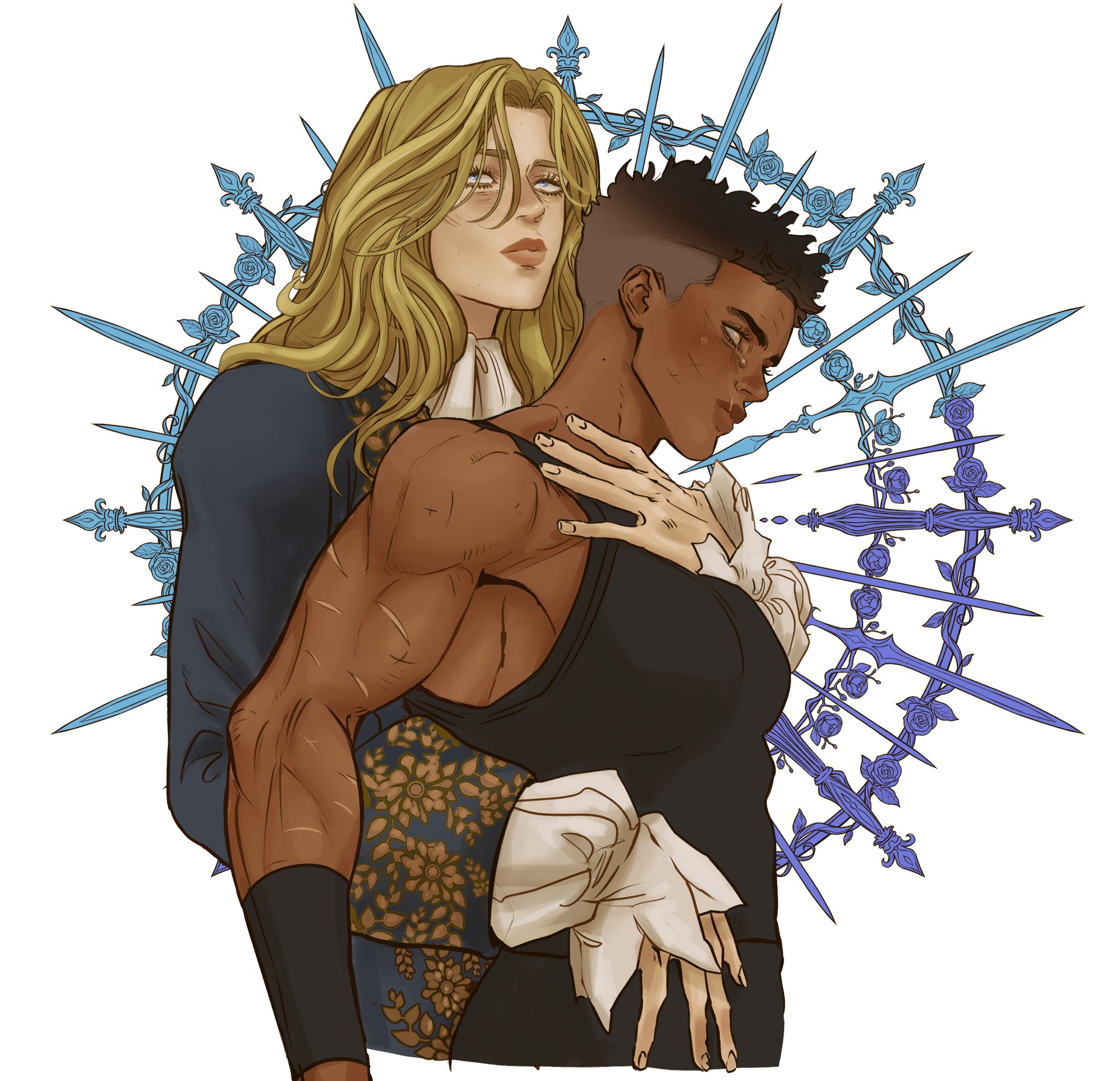 an illustration depicts two people embracing. one is a muscular figure with dark skin and short, dark hair wearing a black top and white ruffled sleeves. the other is a fairskinned person with long blonde hair, wearing a dark jacket over a white ruffled shirt. behind them is a circular arrangement of swords intertwined with roses.