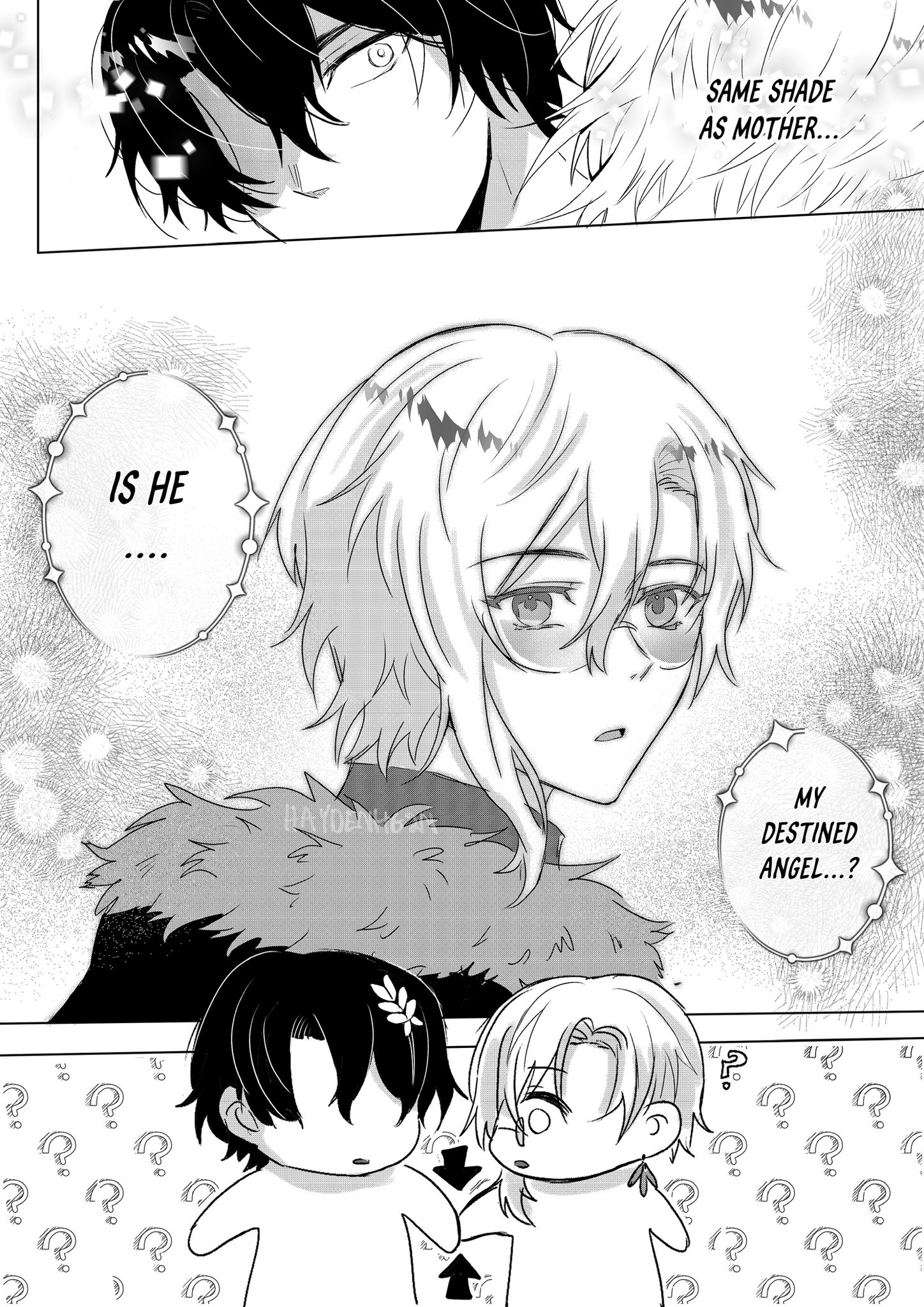 the image is a manga panel depicting a scene from a romantic story. it features three characters: two boys and a girl. the two boys are both attractive and have similar features. the boy on the left is shown with a thought bubble that says "is he..." and the boy on the right has a thought bubble that says "my destined angel...?" the girl is shown with a confused expression and question marks around her head. the scene is full of love and wonder, and the characters are clearly meant to be special to each other. it is implied that the two boys are in love with the girl, and that the girl is confused about who she should choose. the image is full of romantic tension, and it leaves the reader wanting to know what will happen next.