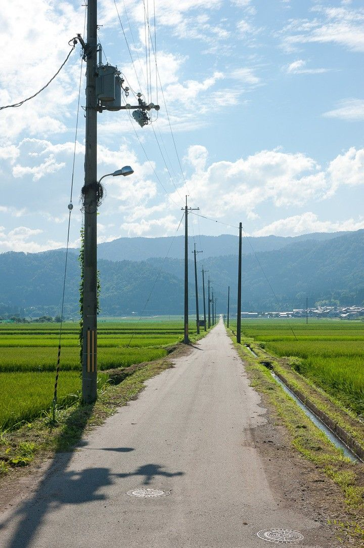 a rural road stretches into the distance between vibrant green rice paddies under a partly cloudy sky. utility poles with power lines line the road, casting shadows on the asphalt. a mountain range is visible in the background, and several manhole covers are visible on the road. a ditch runs along the right side of the road.