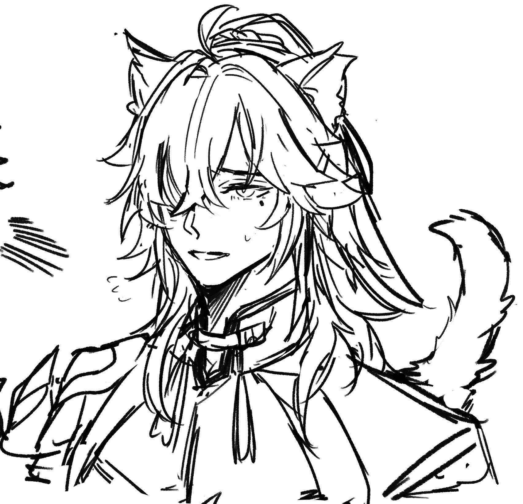 a black and white sketch of an anime character with cat ears and long hair. he is wearing a collar and is blushing. he appears to be in a sad or embarrassed state.