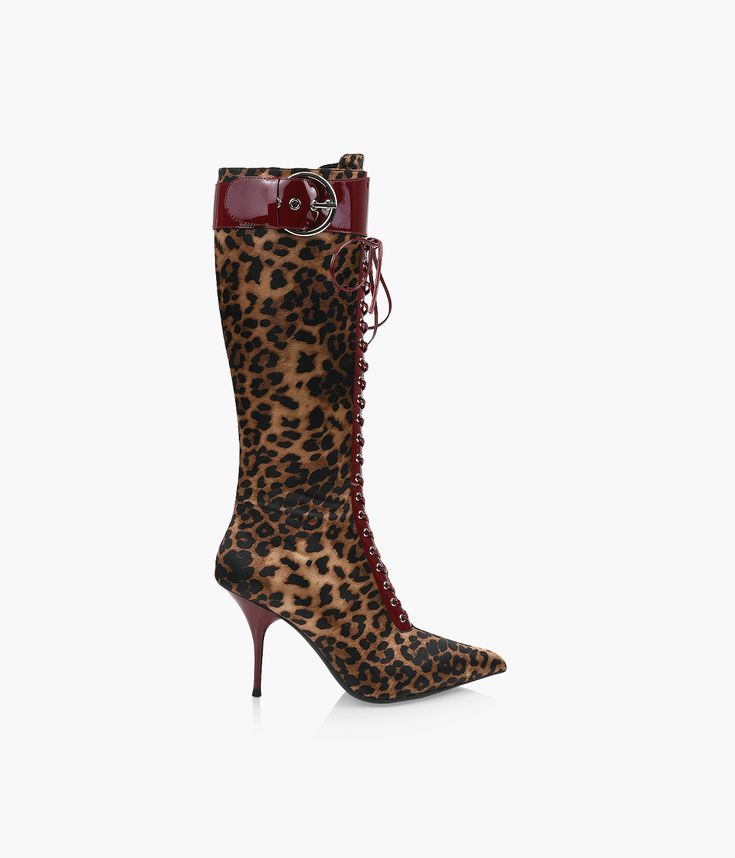 a pair of women's kneehigh boots with a leopard print design are shown against a white background. the boots have a stiletto heel and laceup detail on the front. a burgundy colored buckle is present on the top.