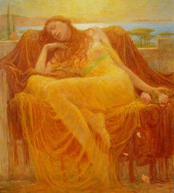 the painting depicts a woman reclining on a bed of drapery, her head resting on a pillow. she is clothed in a flowing yellow gown, which is draped around her body in a soft and sensual way. the fabric seems to flow like water, creating a sense of motion and fluidity. her hair is long and flowing, and her eyes are closed in sleep.  the background of the painting is a soft, golden light, which suggests a warm and peaceful atmosphere. the overall effect of the painting is one of beauty, tranquility, and sensuality. the woman's pose and the way the fabric is draped around her suggest a sense of relaxation and contentment. the warm, golden light of the background creates a sense of peace and harmony. the flowers add a touch of beauty and fragility to the scene.
