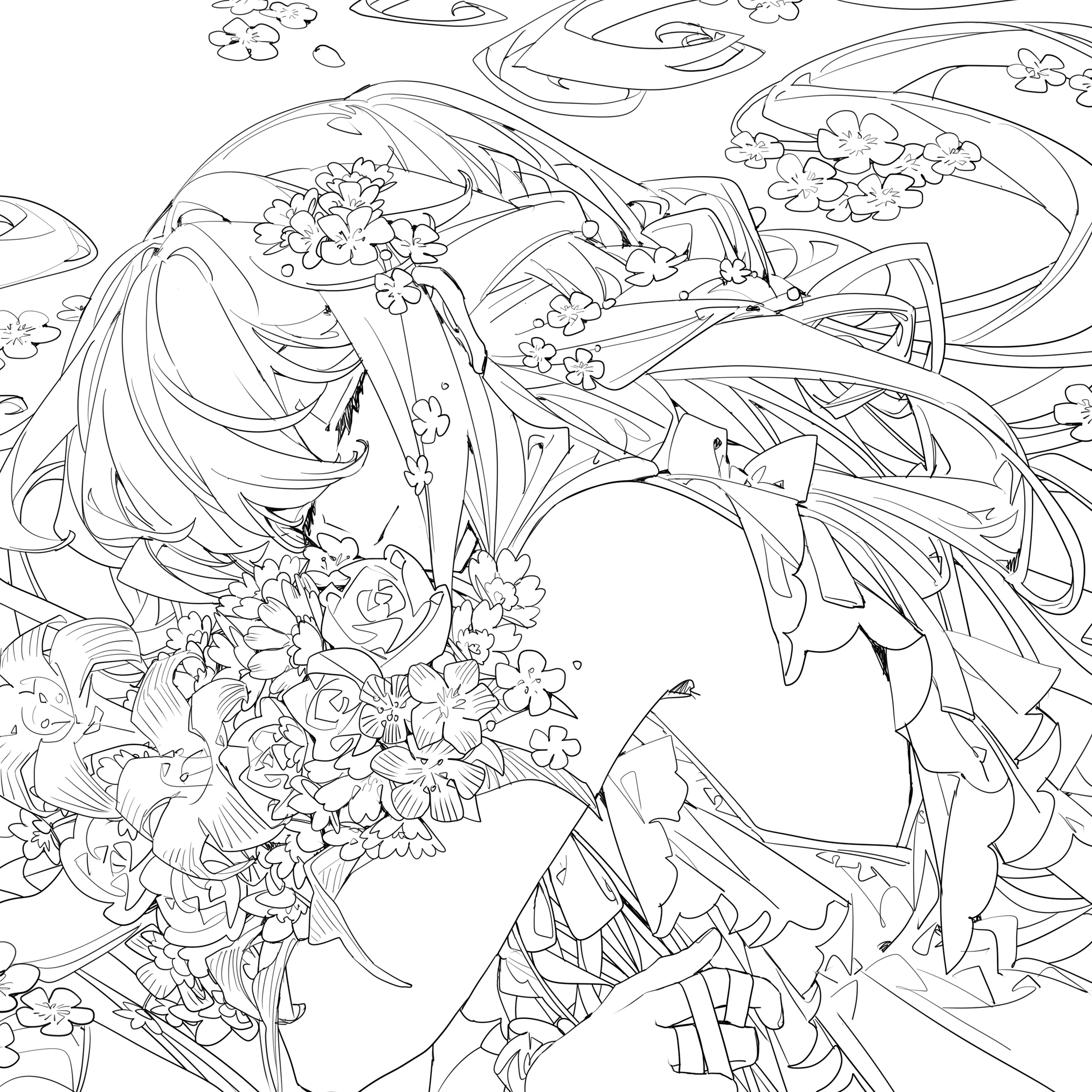 he image is a line drawing of an animestyle girl. she has long flowing hair adorned with flowers, and is holding a large bouquet of roses and other flowers close to her chest. she appears to be wearing a flowing dress, and the overall style is elegant and dreamy. the line work is intricate and detailed, creating a sense of movement and grace. the image is black and white, with no color added.  the style suggests a fantasy or magical setting.