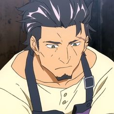 a closeup portrait of an adult male anime character with dark hair, green eyes, and a goatee. he wears a creamcolored shirt and a dark apron. he appears serious, possibly concerned or worried, with a thoughtful expression on his face. the lighting is soft and the setting appears to be indoors.