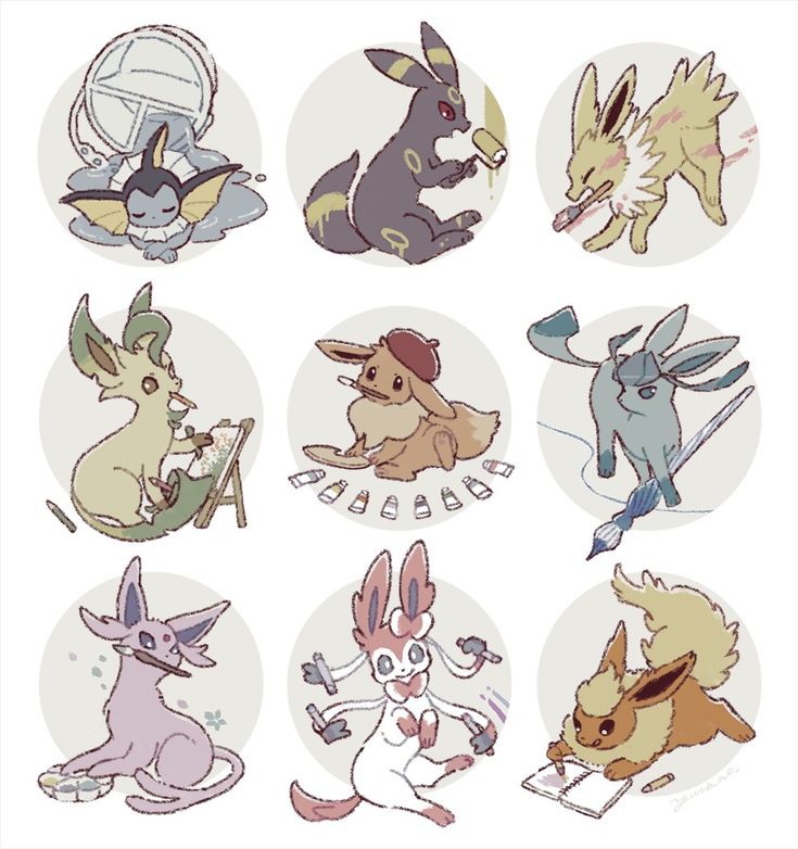 this illustration features nine different pokemon, each engaged in an artistic activity. they are all drawn in a cute and stylized manner, with their unique features and personalities brought to life.  in the top left, a vaporeon is painting with a roller, while a umbreon uses a paint brush in the top right.  the bottom row features a sylveon drawing with multiple colored pencils, an espeon mixing paint, and a flareon writing in a sketchbook. the middle row shows a leafeon painting on an easel, an eevee with a beret painting with paintbrushes, and a glaceon sketching with a brush. the illustration captures the playful nature of pokemon while showcasing their creativity and artistic talents.