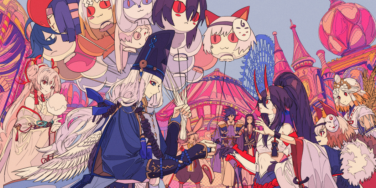 the image is a vibrant, colorful animestyle illustration depicting a group of female characters in various fantastical costumes at a carnival or amusement park. the scene is whimsical and magical, filled with balloons shaped like animal faces and pastelcolored buildings. the characters are engaging in interactions with one another, appearing to be friends or participating in a celebration.  the style is detailed and intricate, with a focus on expressive character designs and a lively atmosphere. the overall feeling is one of joy, fantasy, and storytelling.