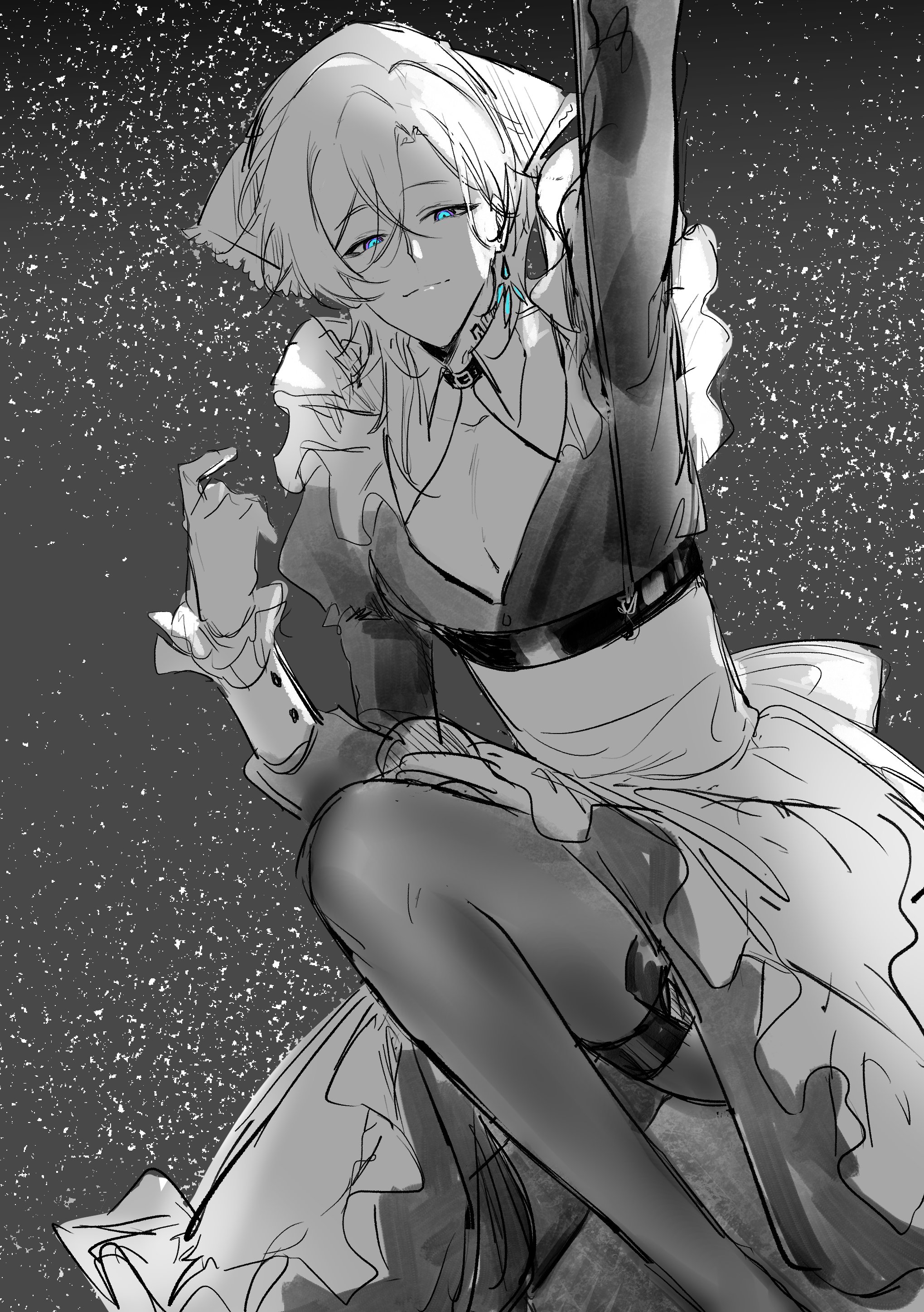 a grayscale anime illustration of a young woman with white hair and blue eyes, dressed in a maid outfit with a black jacket and a frilly white dress, posing in a sitting position with her back to the camera. the background is a starry night sky. the art style is a drawing or sketch, with a soft, textured quality.