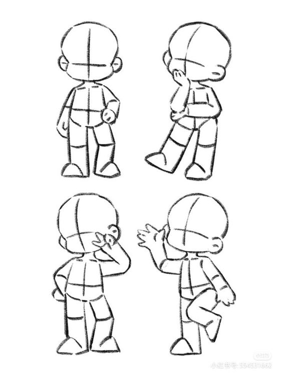 the image consists of four simple figure drawings, likely intended as guides for drawing characters in a "chibi" style common to anime and manga. each figure is depicted in a different pose, offering varied references for body language and perspective. the drawings are rendered in a sketchy style, emphasizing their function as preliminary sketches rather than finished artwork.