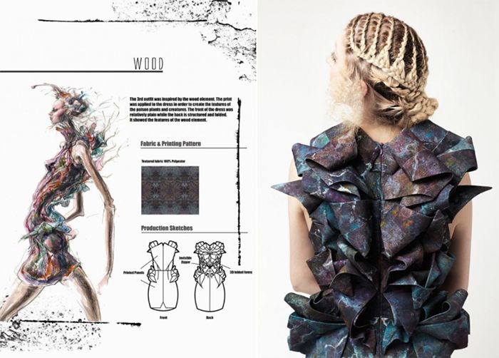 this image showcases a fashion design concept inspired by wood. the left side features a design sketch, fabric, and printing patterns for a dress that's inspired by wood. the right side showcases a model wearing a dress that was crafted based on the inspiration of wood.  the dress is made with a textured fabric and has a unique print that simulates wood grain. the ruffles and the layering create a stunning visual effect that captures the essence of wood.