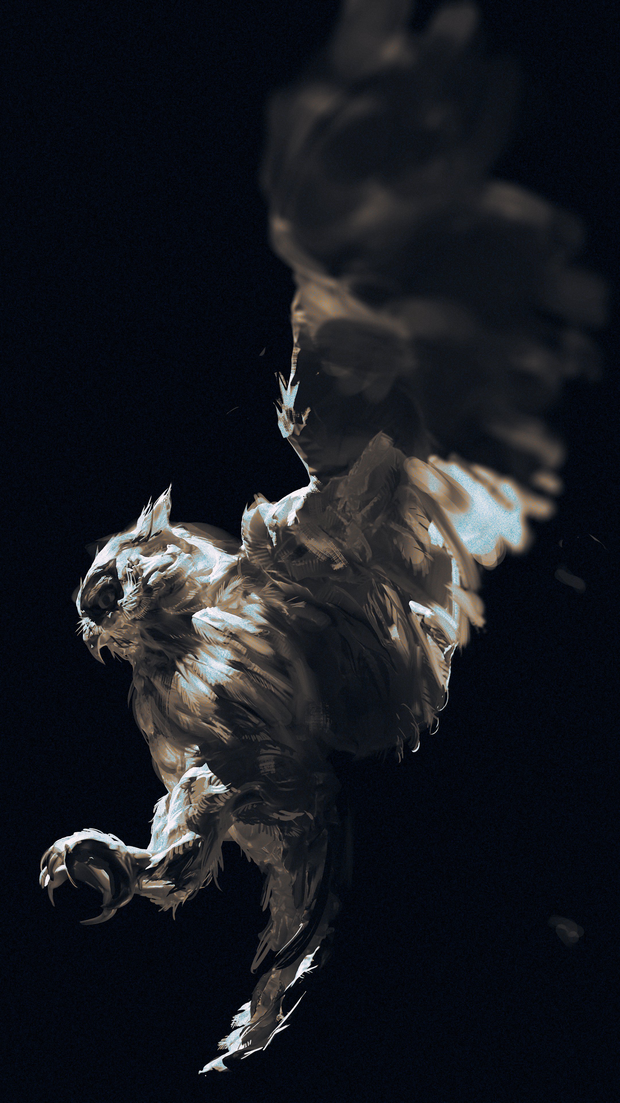 a digital painting of a mythical, owllike creature with large, powerful wings. it is depicted in a dark, shadowy setting, suggesting a mystical and powerful presence. the creature's form is blurred and abstract, adding to its ethereal and surreal quality.