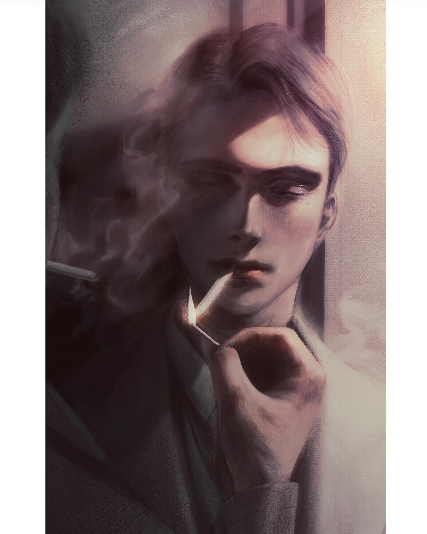 a closeup portrait of a man smoking a cigarette. he is wearing a suit and has a contemplative look on his face. the image is set indoors, with a window behind him. there is a lot of smoke in the air, giving the image a moody and atmospheric feel. the man's face is partially in shadow, creating a sense of mystery. the image is an artistic illustration, rendered digitally.