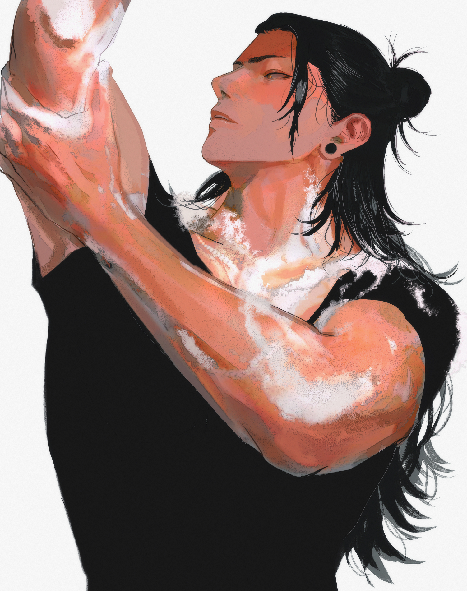 this is a digital illustration of a handsome, muscular man taking a shower. he is shirtless and has long black hair pulled back in a ponytail. he is covered in soap suds and looks relaxed and handsome as he washes his arm and body.