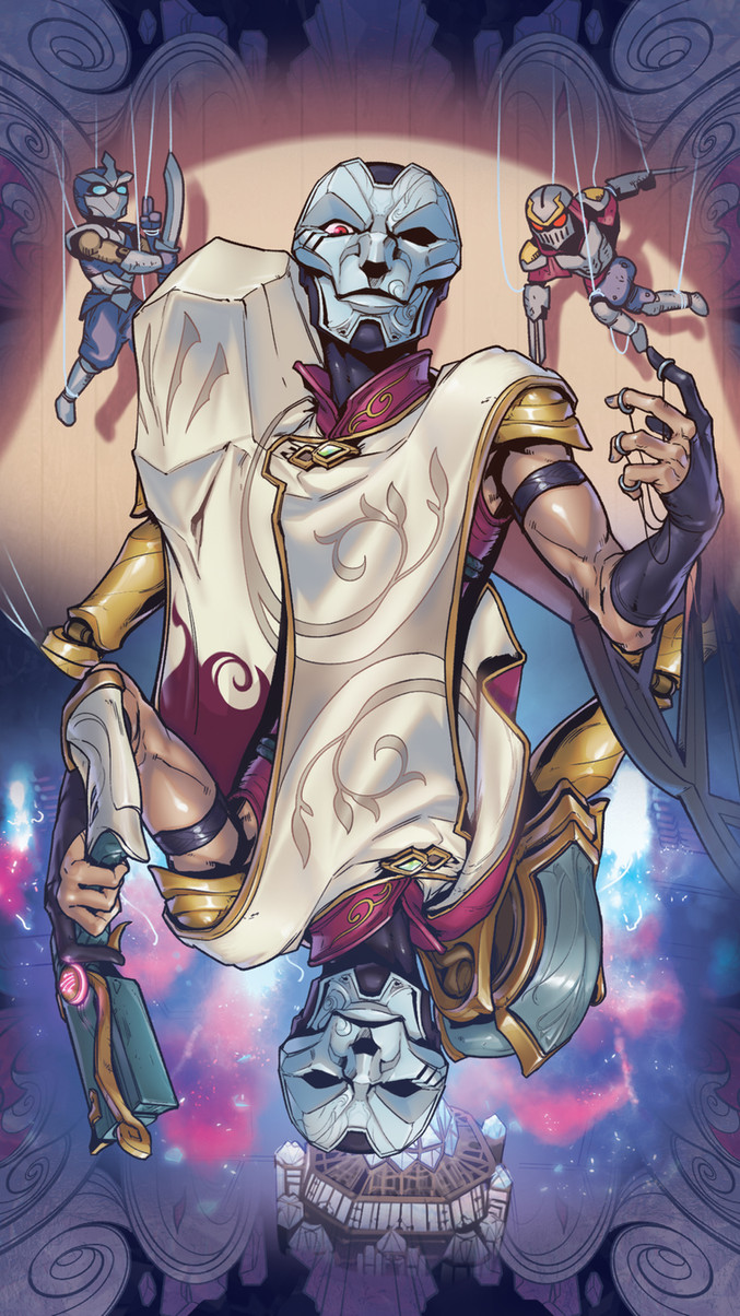 this illustration depicts the league of legends champion, jhin. he is standing in the center of the image and is wearing a white and red robe, a mask, and gold armor. he is holding a gun in his right hand. he is surrounded by floating puppets that he seems to be controlling. there are also some flowers on the ground and a purple and blue background. the image is very detailed and welldrawn.  the image is from the legends of runeterra card game.