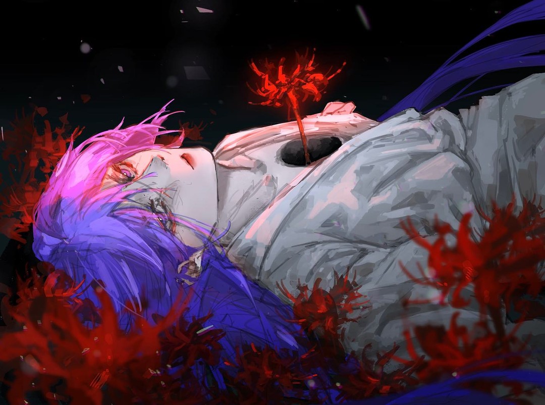 a young man with vibrant purple hair and a splash of pink lies amongst a bed of red spider lilies. he is dressed in white, his eyes closed as if in peaceful sleep. a single red spider lily rests on his chest, its stem appearing to pierce through his clothing. the background is a stark black, creating a dramatic contrast and emphasizing the vibrant red of the flowers and the character's unusual hair color.  the overall mood is somber and melancholic, hinting at a tragic end.