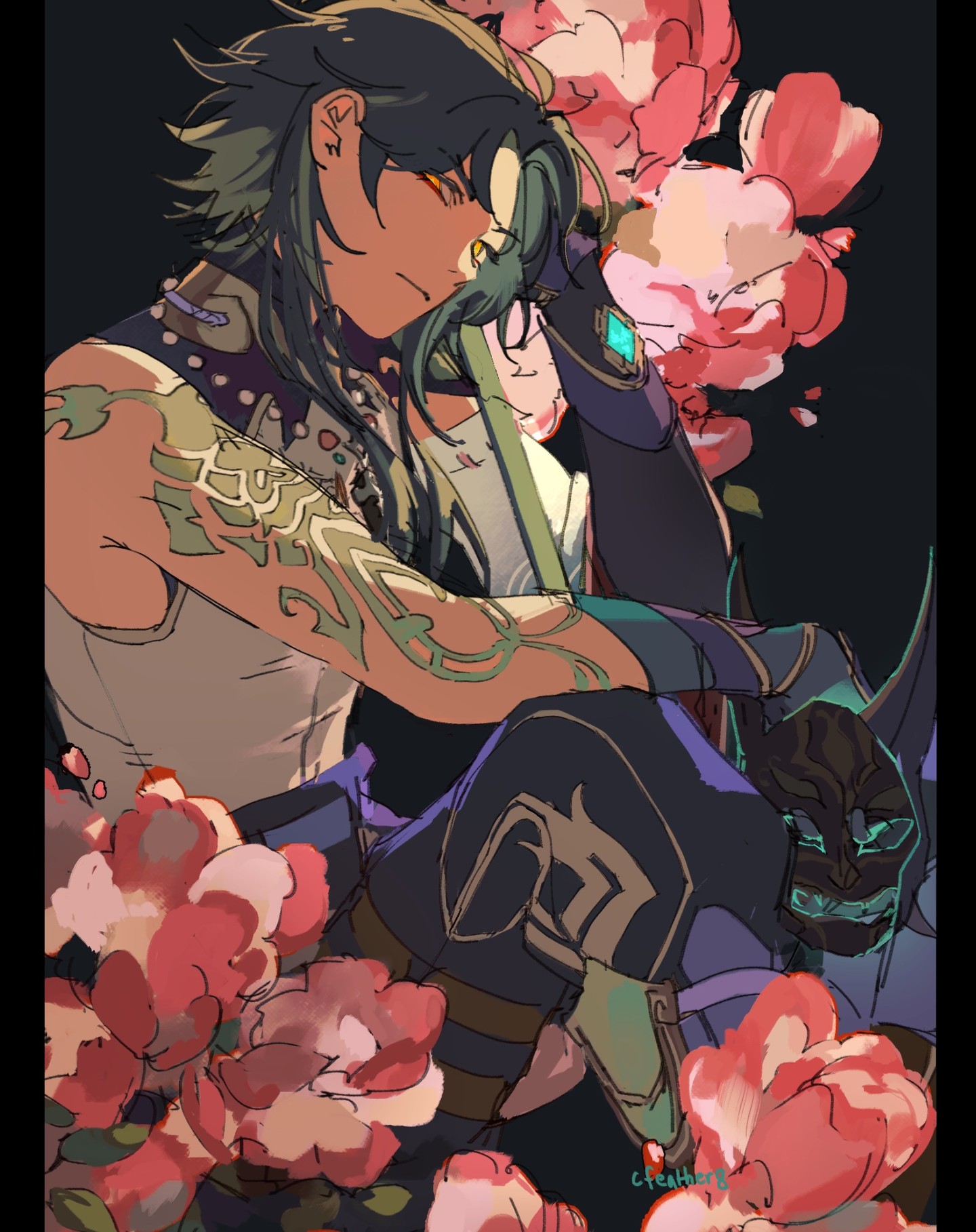 the image is a digital painting, likely fanart, depicting arataki itto from the game genshin impact.  he's portrayed in a relaxed, almost contemplative pose, sitting amidst a profusion of large, pink peonies. itto's distinctive oni features and tattoos are clearly visible, and he appears to be holding or leaning against a long weapon, possibly a sword.  the art style is anime/mangainspired, with a focus on dynamic linework and painterly color blending. the background is mostly dark, allowing the character and flowers to stand out. the overall mood is atmospheric and slightly melancholic. the style is detailed and highly stylized.