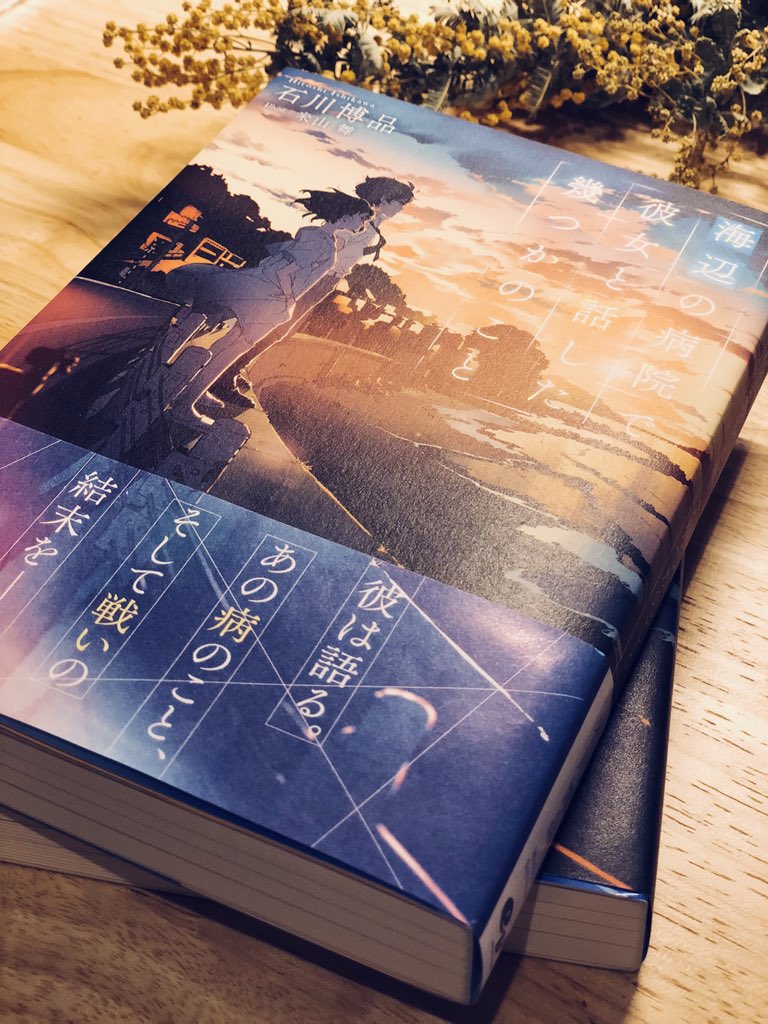 a top down view of two copies of the same novel titled bokura no byoin by ishikawa hiromitsu. the books have a light blue cover with a sunset in the background and a dark haired woman walking away.  the only other object is a sprig of yellow flowers partially in frame.