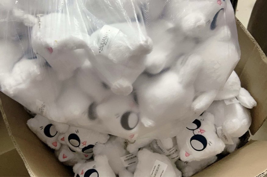 a cardboard box filled with many white plush toys. the toys are all shaped like cats and have black eyes and pink noses. the toys are in a plastic bag, and the image is taken from the top, looking down into the box.