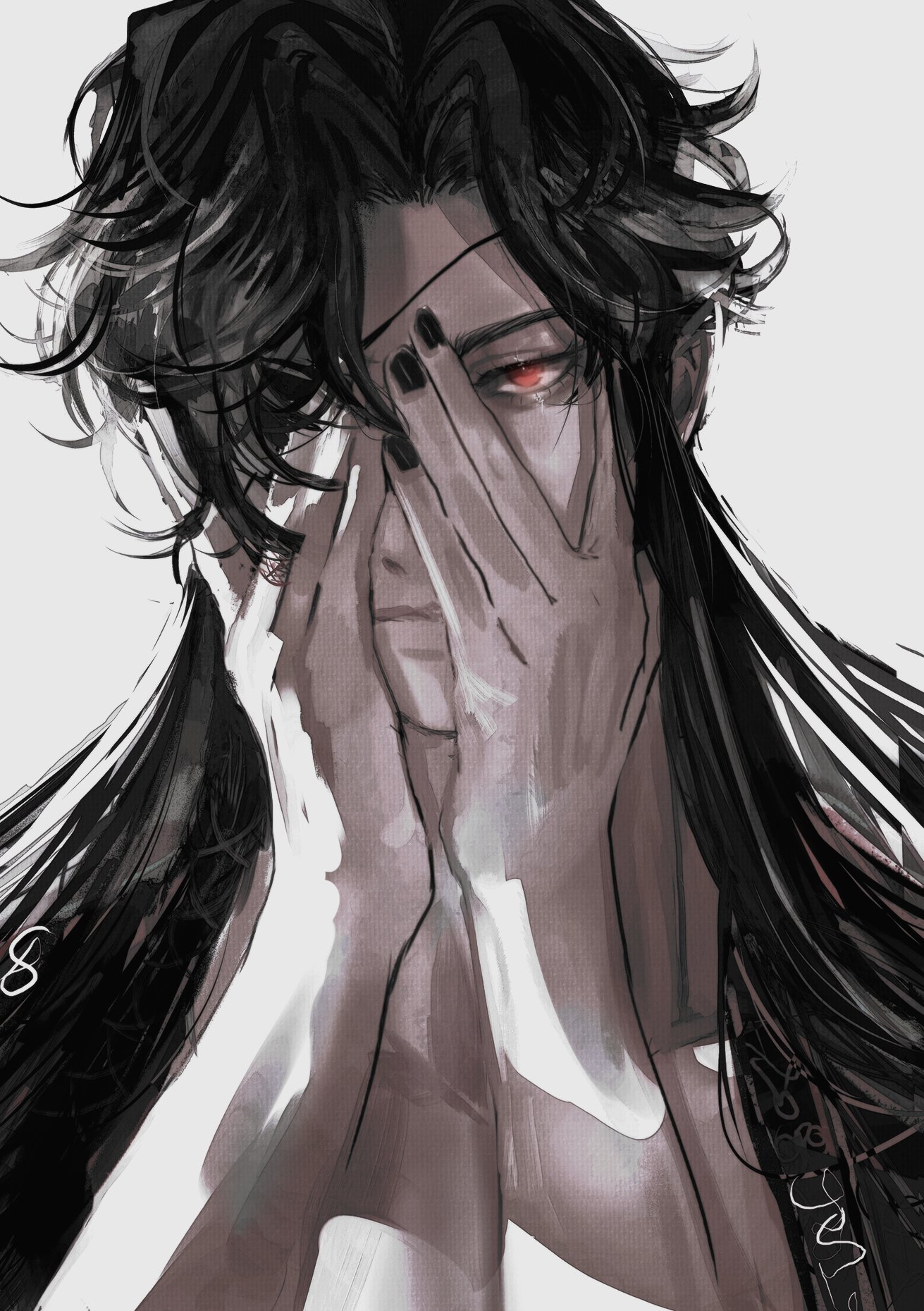 a portrait of a sad anime character. the character is a young man with long, black hair and red eyes. he is covering his face with his hand. his expression is sad and he looks like he is in pain. the background is white and the character is in the center of the image. the art style is anime and manga.