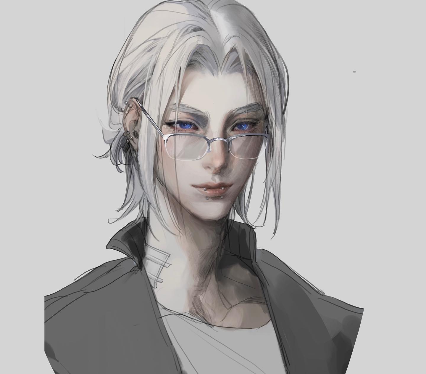 a digital portrait depicting a young man with white hair pulled back in a bun. he wears thinframed glasses and has a piercing on his left ear. the portrait is drawn in an anime/manga style with soft lighting and shading, giving the subject a delicate appearance. the focus is solely on the head and shoulders, leaving the background undefined.