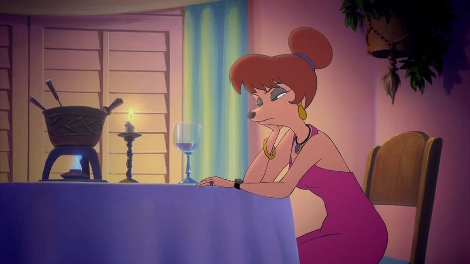 a cartoon depiction of a female dog character, possibly anthropomorphic, sits at a table set for two.  she's dressed in a pink dress and jewelry, looking unhappy or disappointed. a fondue pot and candle are on the table, along with a wine glass. the setting appears romantic, but her expression is one of sadness or dissatisfaction. the style of animation suggests it's from a film or television show.