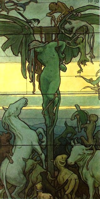 the image is a reproduction of a vertical stainedglass panel or artwork by maurice pillard verneuil, likely dating from 1901, as indicated in the upper right corner. it's characteristic of art nouveau style with its flowing lines and stylized figures.  the central focus is a greenskinned female figure, bound to a central pole that resembles a tree trunk. she has long, flowing hair.  surrounding her are numerous small monkeylike creatures actively involved in binding her or otherwise interacting with the scene. below the central figure, a collection of various animals, including horses, cows, goats, cats, and dogs, are depicted in a similarly stylized manner. the color palette is predominantly pastel shades of green, yellow, and light blue, creating a dreamlike or surreal atmosphere. the overall composition suggests a mythical or symbolic narrative.