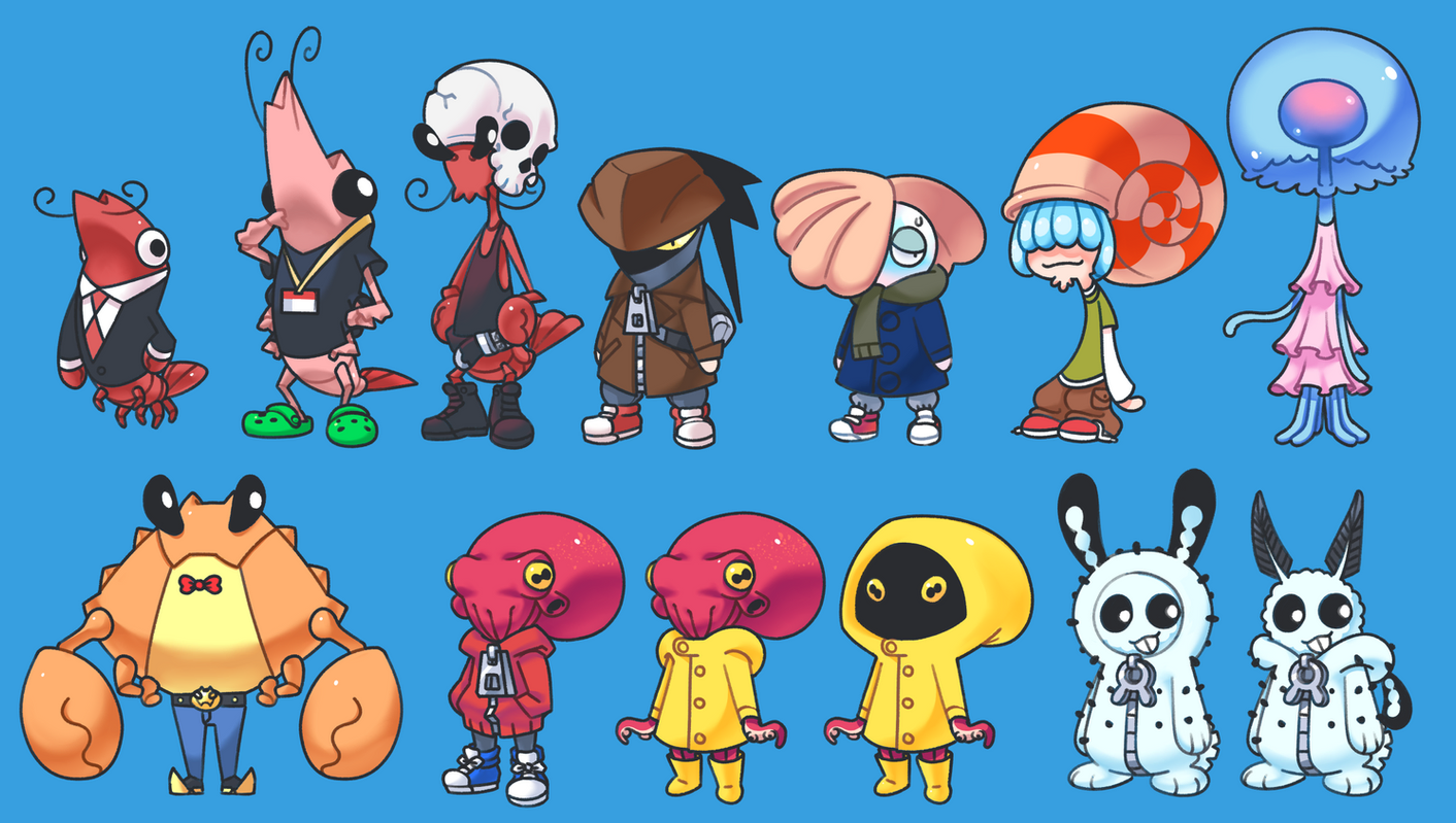 the image is a colorful cartoon illustration of 12 different creatures.  there are two shrimps, a crab, two octopi, a jellyfish, two bunnies, a creature with a shell, a creature with a raincoat, and a creature with a hat. all of the creatures are smiling and happy, and they all have a unique and whimsical design. the image is full of vibrant colors and cute details.