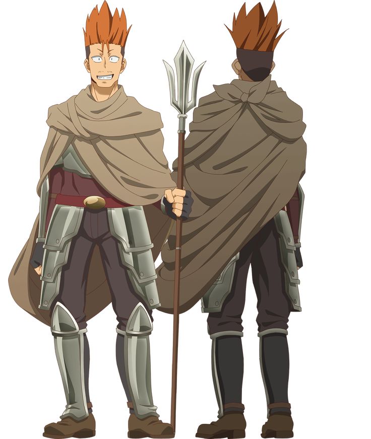 this is an illustration of an anime male character wearing armor and a cloak. he has red hair, a spear, and a trident in his hand.  he is standing in front of a white background and has a determined look on his face. the art style is detailed and colorful, with a high level of realism in the character's anatomy. the artwork is welldone and visually appealing.