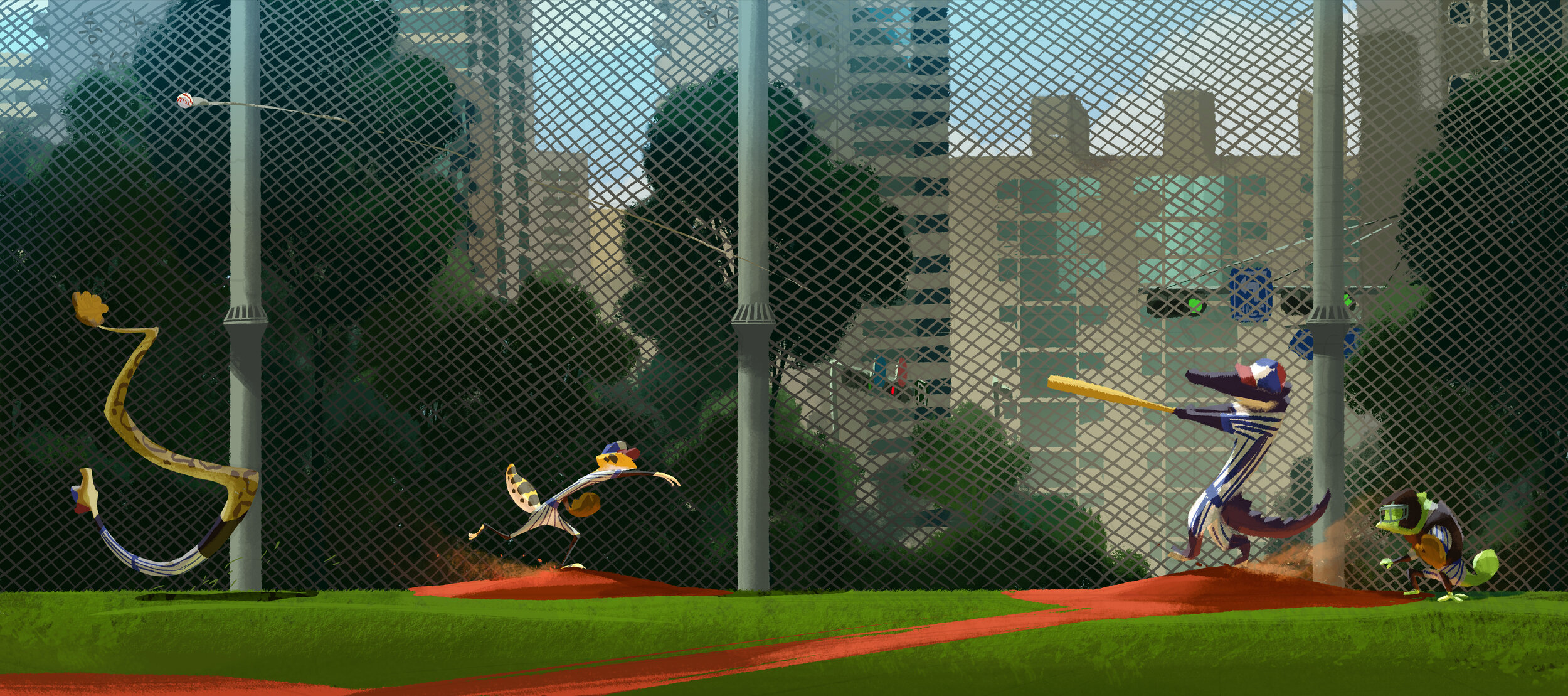 a cartoon image depicting a baseball game being played by anthropomorphic animals on a field with a fence in the background. a snake is pitching, a leopard is running the bases, an alligator is batting, and a turtle is the catcher. the background includes trees and city buildings seen through the fence.