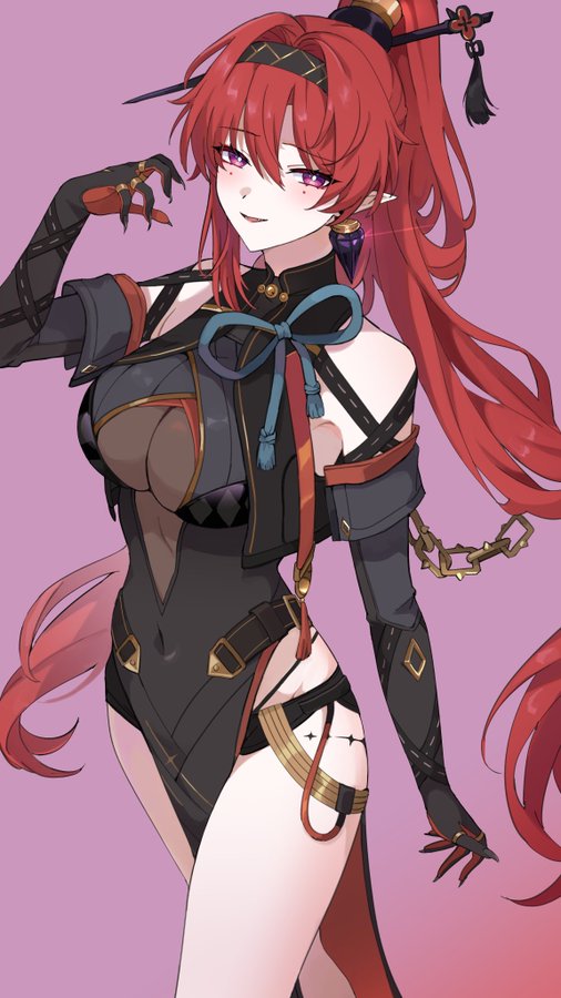 a digital illustration of an anime girl with long red hair and black eyes. she is wearing a black outfit with a lowcut neckline. she is smiling and her eyes are sparkling. she is standing against a pink background.