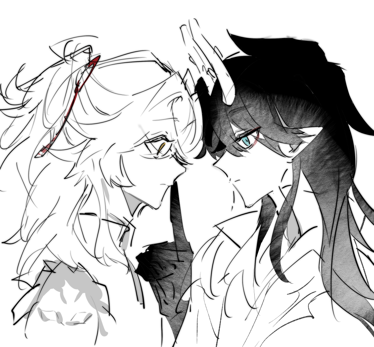 a black and white drawing of two anime characters. the characters are facing each other and appear to be in a close up. the character on the left has long, flowing, white hair. the character on the right has long, flowing, black hair. both characters appear to be looking at each other with emotion. the image is drawn in a sketchy style.