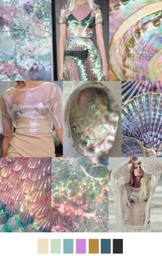 this is a mood board, or collage, of images related to abalone shells, mother of pearl, and the sea. the collage includes images of:  abalone shells in various colors and patterns, both in closeup and as part of larger seascapes.  a woman wearing a sheer dress with a pearlescent finish, which looks like it's made of abalone shell.  a woman wearing a sweater with a pattern reminiscent of an abalone shell.  a variety of textures and patterns, some of which look like water or sand.  a palette of colors that are commonly found in abalone shells and mother of pearl.the collage is a great example of how these materials and textures can be used to create a unique and beautiful aesthetic. it could be used as inspiration for a fashion designer, an interior decorator, or anyone who wants to create something with a natural and organic feel.