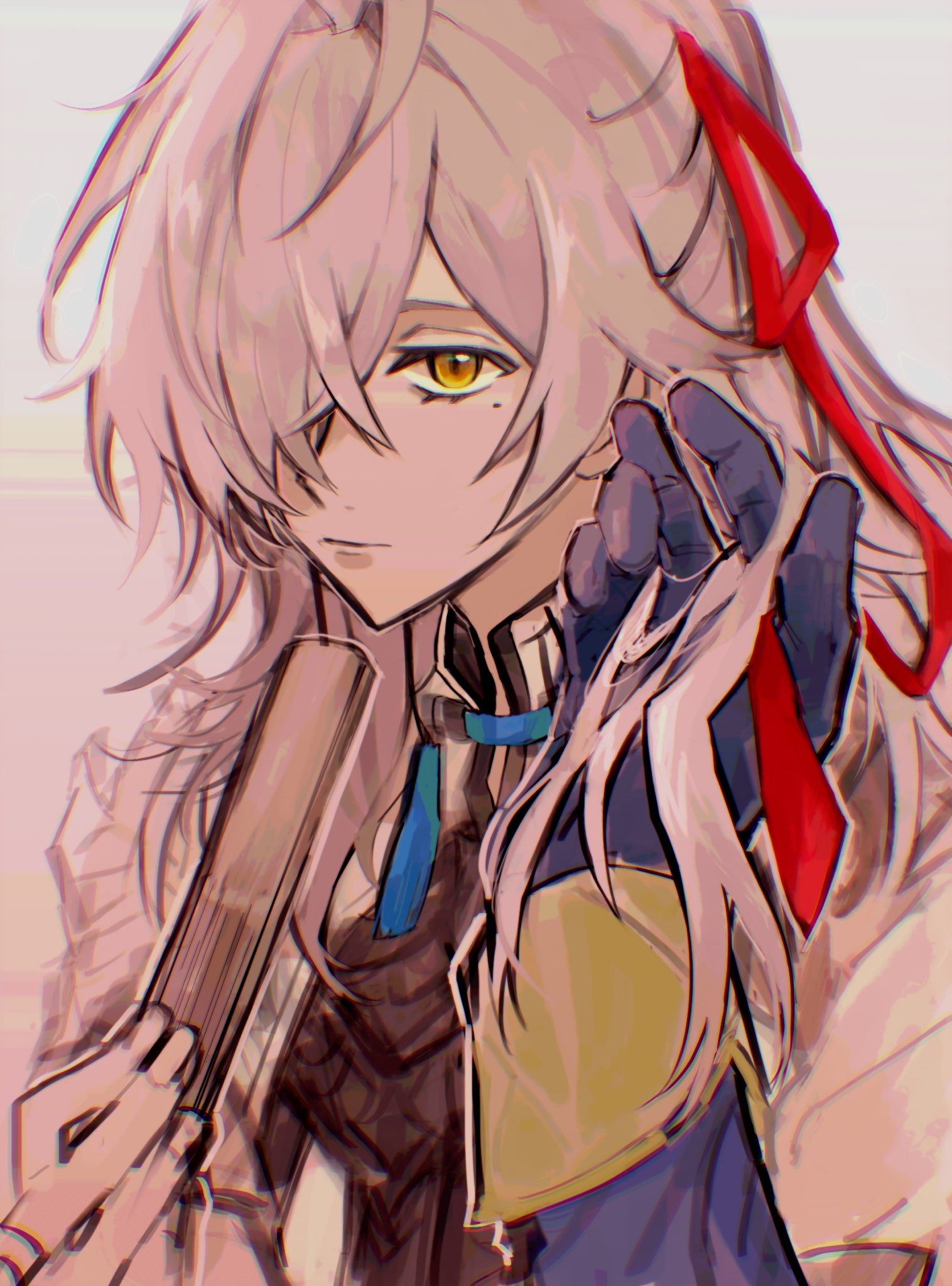 a digital illustration of a young woman with long white hair wearing a blue and brown outfit. she has a red ribbon tied in her hair and is holding a weapon in her hand. she is looking at something off to the side of the frame. the artwork is done in a painterly style.