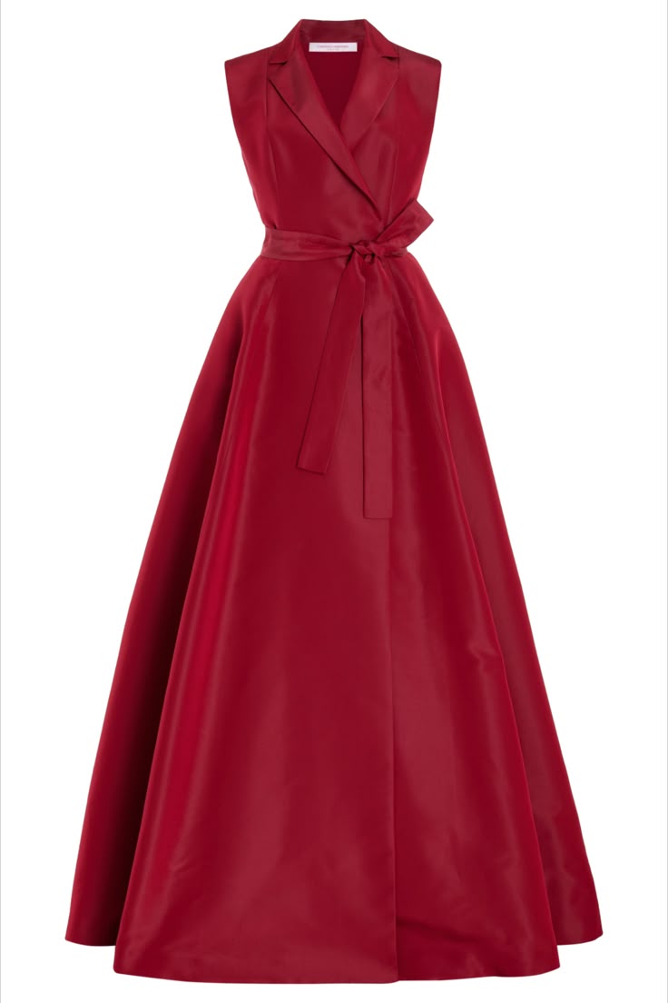 a long red sleeveless dress with a lapel collar and sash tied at the waist.