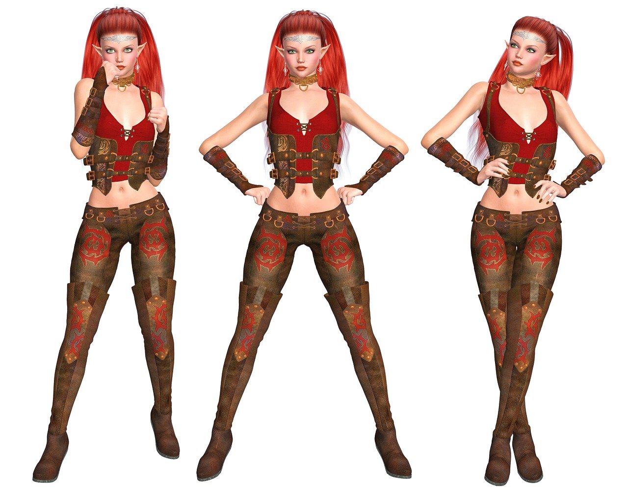 the image shows a composite of three digital renderings of a fantasy female elf character with red hair. the character is depicted in various poses against a white background. she is wearing a red top and brown trousers/leggings with a roselike pattern, a brown vest, and matching boots. accessories include a silver tiara, gold choker, earrings, and fingerless gloves/gauntlets. each version of the character displays a different pose, including holding a finger to the mouth, hands on hips, and one hand on the hip with the other gesturing.