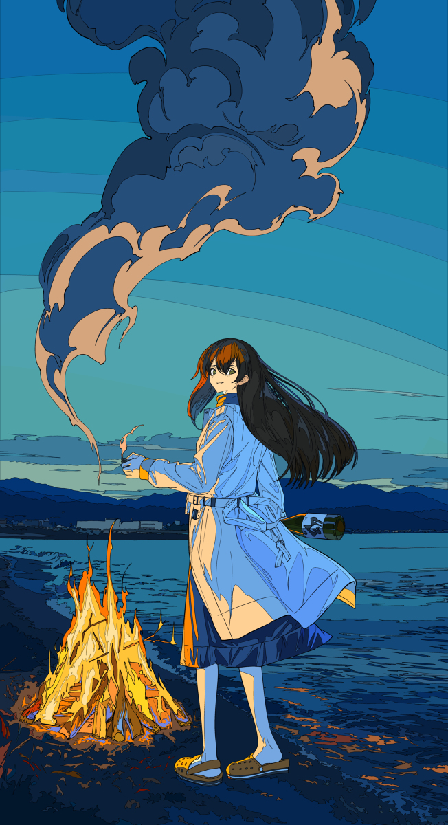 the image shows an animestyle girl with long dark brown hair wearing a light blue coat and dark blue dress.  she's standing by a bonfire on a beach at sunset or twilight. a large plume of smoke rises into the sky behind her. the scene is peaceful and slightly melancholic, evoking a sense of solitude. the art style is stylized, with bold outlines and flat colors. the overall aesthetic is modern and somewhat minimalist. a bottle of something (possibly wine or champagne) is partially visible in her hand.