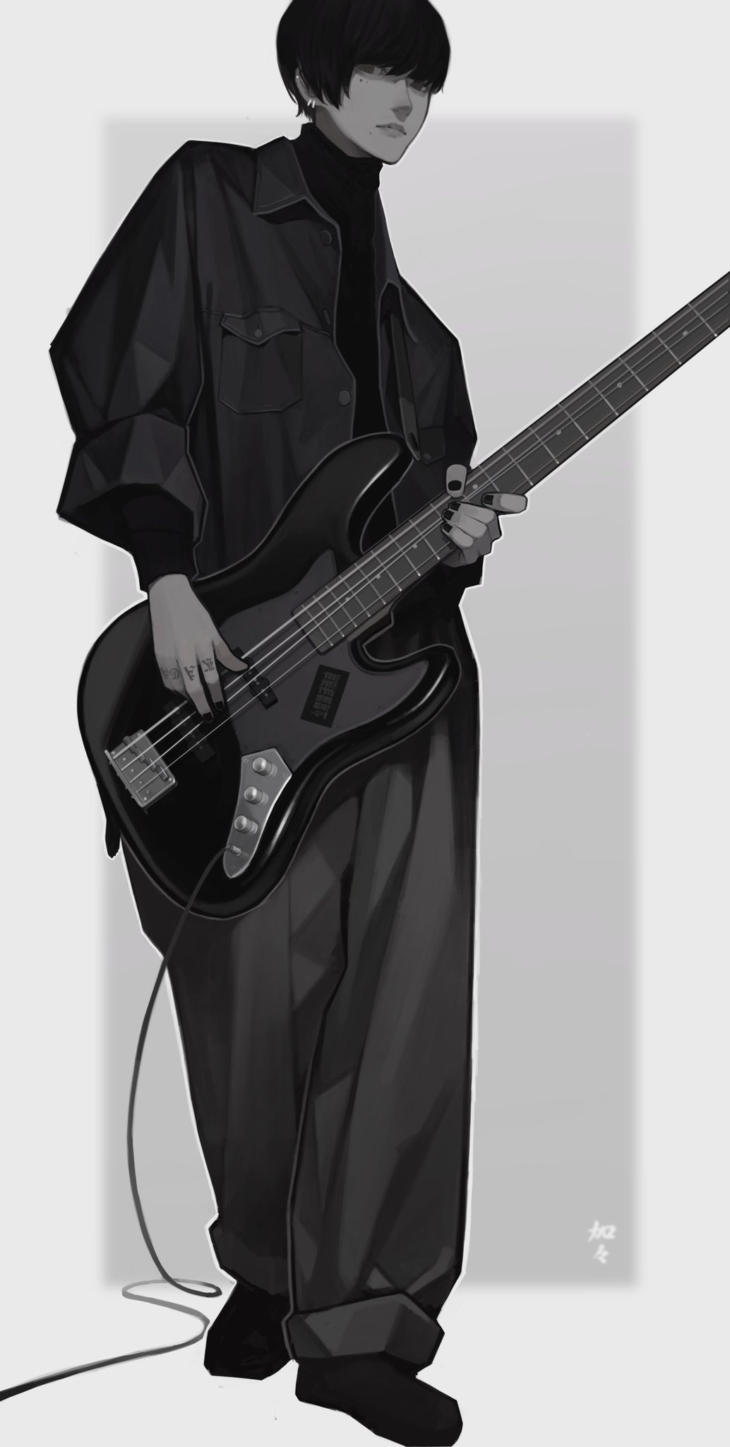 the image is a monochrome digital painting or drawing of an animestyle male character. he's dressed in dark clothing – a jacket over a turtleneck and loosefitting pants – and is playing a bass guitar. the character has short, dark hair, and his expression is serious or neutral. the style is sleek and somewhat stylized, emphasizing the character's cool and possibly melancholic demeanor. the background is a simple, light gray, which keeps the focus on the character and his instrument. the overall mood is calm yet striking, suggesting a moment of quiet intensity.