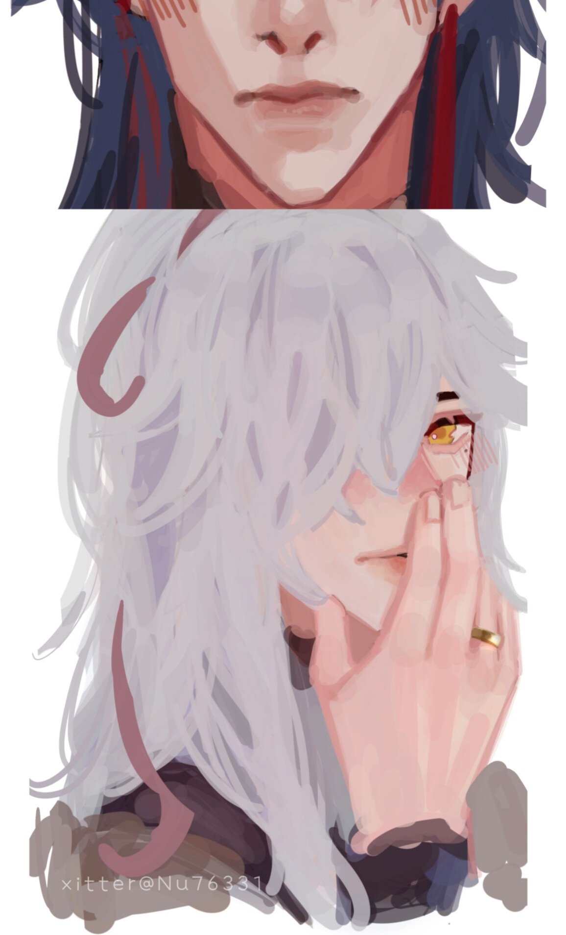 this is a digital illustration of two anime boys. the top image is of a young man with long, dark blue hair that's tied with a red ribbon. he has red eyes and a warm, blushing face. the bottom image shows a man with long, white hair and a very delicate, pale complexion. he is smiling with a sly expression. he is wearing a ring on his finger. both images depict the characters in a closeup and are meant to be an expression of their emotions. the two characters appear to be very close and the images are a beautiful portrayal of their shared bond.