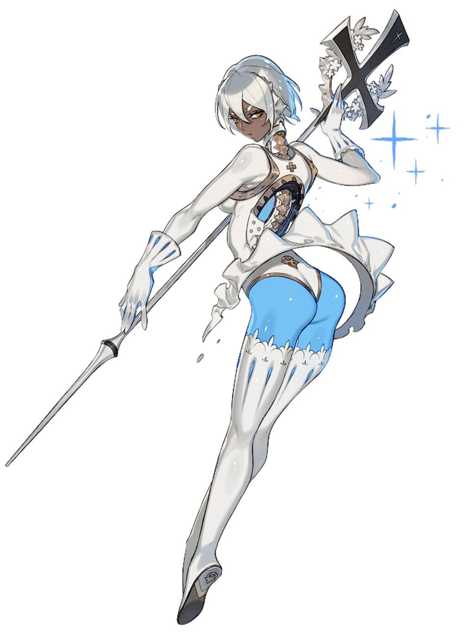 the image showcases a dynamic illustration of a fictional female character, likely from an anime or manga. she has short, white hair and dark skin, striking a confident pose. she's dressed in a white, frilly dress with a blue leotard underneath and ornate, goldaccented armor pieces on her chest and arm. she holds a long spear tipped with a decorative cross that seems to emit magical sparkles. the white background emphasizes the character and the soft lighting gives her a gentle yet powerful aura.