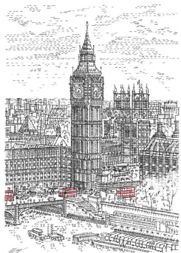 a detailed black and white illustration of london's skyline featuring big ben and the houses of parliament prominently. a river flows in the foreground with boats on the water, and a bridge crosses the river. red doubledecker buses are seen on the streets. the drawing style is intricate and features many fine lines to create depth and texture.