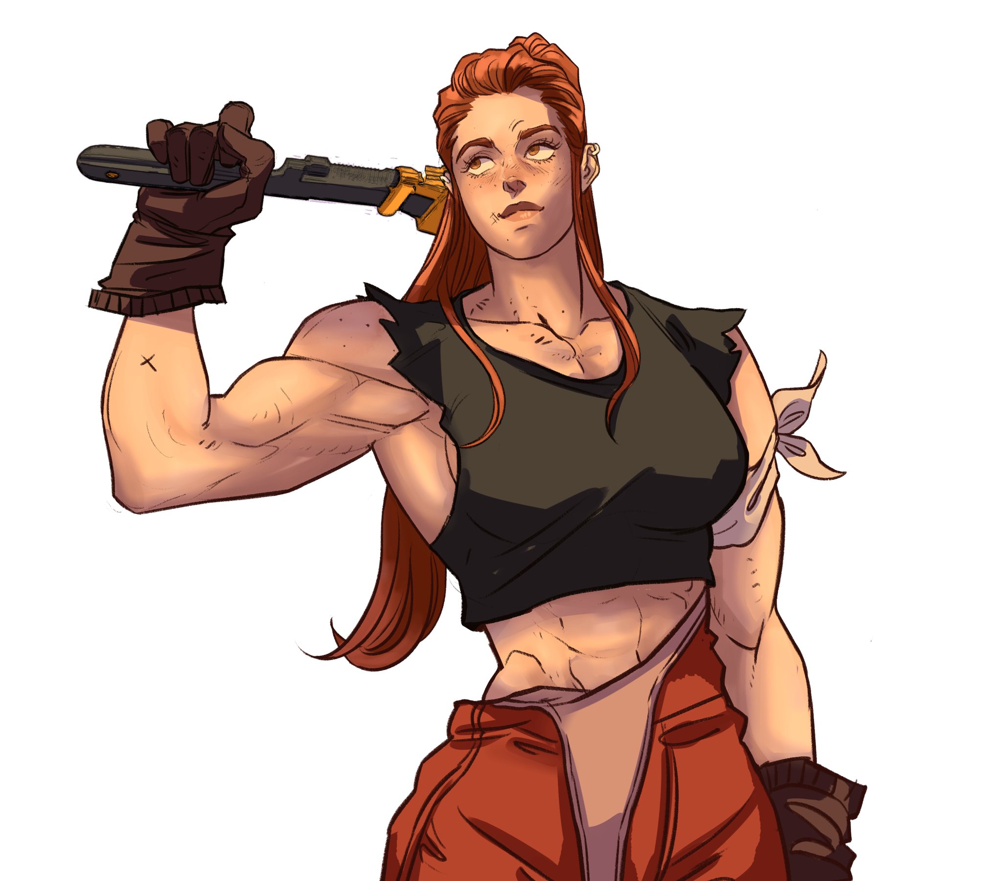 an illustration of a muscular woman with red hair, wearing a black shirt, orange pants, and gloves, holding a wrench. the woman has visible abs, freckles, and a strong physique. the background is white.