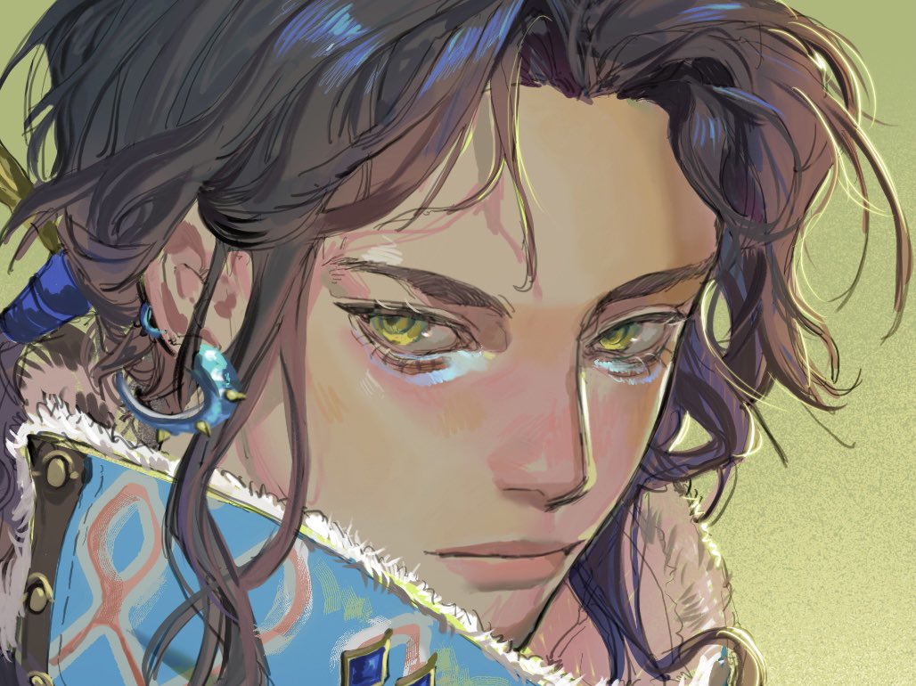 this is a digital art painting of cyno, a male character from the video game genshin impact. he is depicted from the shoulders up, facing slightly to the right with a serious expression on his face. his attire and overall appearance are consistent with the character's design in the game. the background is a pale green. the painting has a soft, painterly style, with visible brushstrokes. the overall color palette is warm and muted.