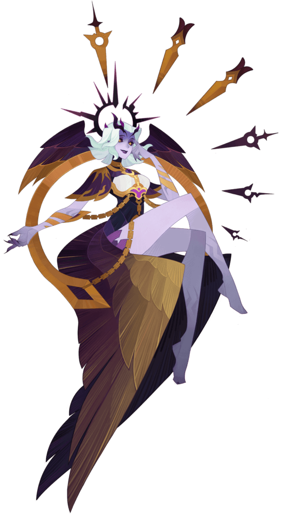 the image depicts a female character with purple skin and white hair, seated gracefully on a golden throne adorned with sharp, pointed elements. her attire features a striking combination of purple and gold, with a flowing robe that drapes over her body, accented by intricate golden details. large, feathery wings, also in shades of purple and gold, extend from her back, adding to her majestic presence. her mischievous smile and the sharp points surrounding her hint at a potentially darker nature. the overall aesthetic of the character blends elements of angelic and demonic imagery.