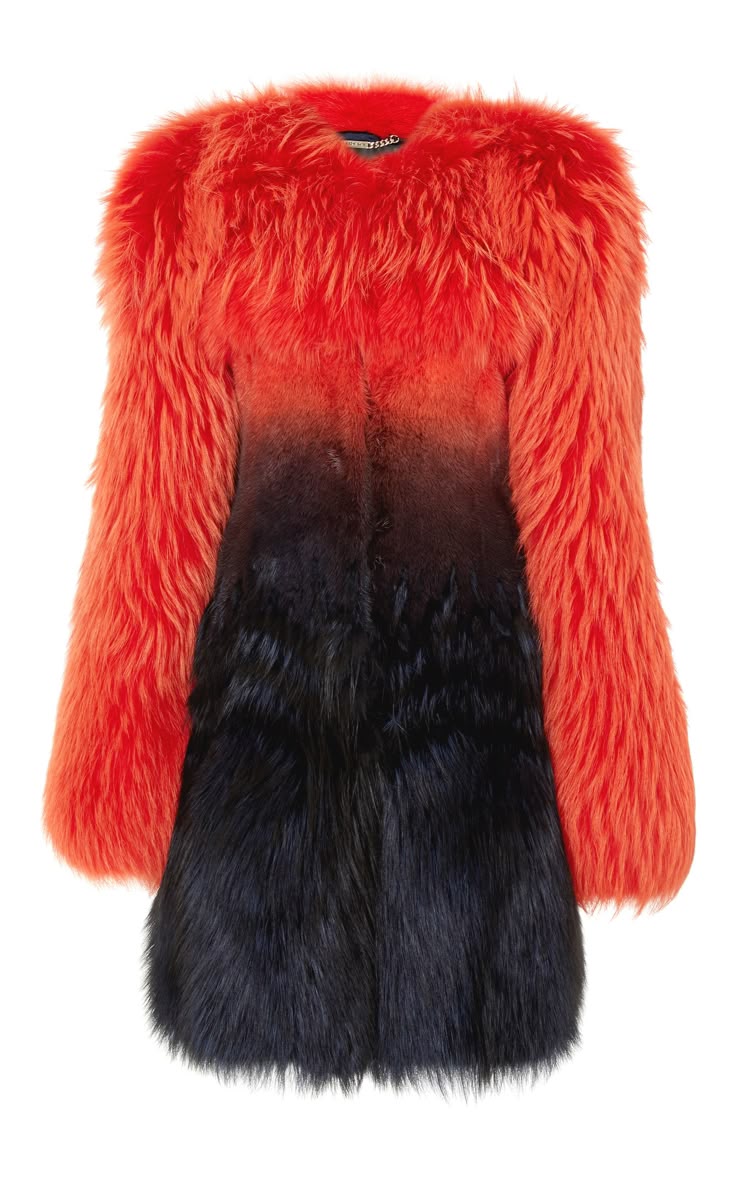 a red and black faux fur coat with long sleeves is shown on a white background. the top and sleeves are orange faux fur and fades into black faux fur towards the bottom.