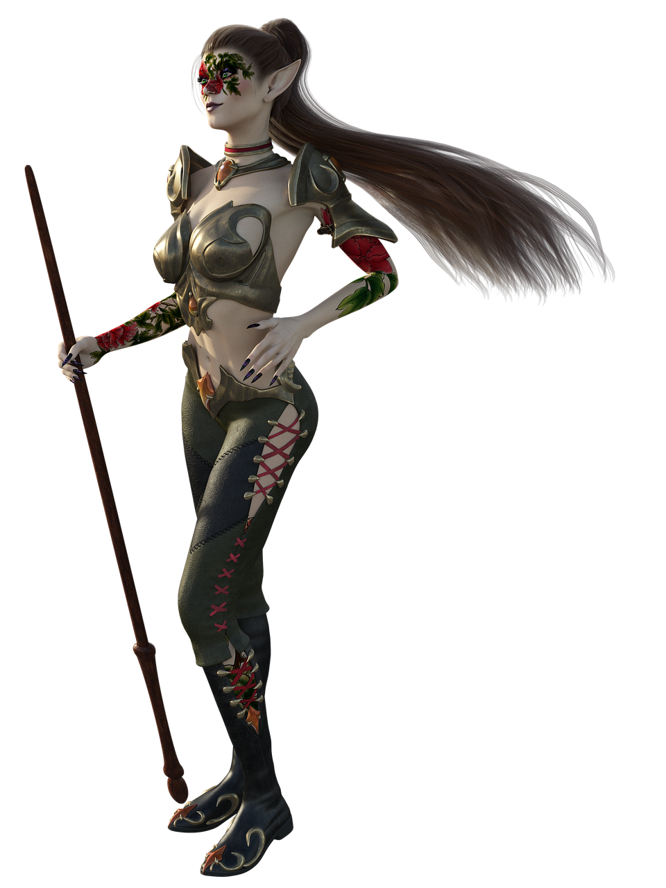 a digital art rendering of a female elf warrior in fantasy armor, holding a staff, against a black background. she is fairskinned, with long brown hair in a ponytail. her attire includes metalliclooking armor on her chest and shoulders, green and black pants with red lacing, and dark boots. roses and leaves are artistically depicted on her face, arms, and boots. she is wearing a necklace with a gemstone, and her fingers have long, dark nails. the staff is plain and wooden.