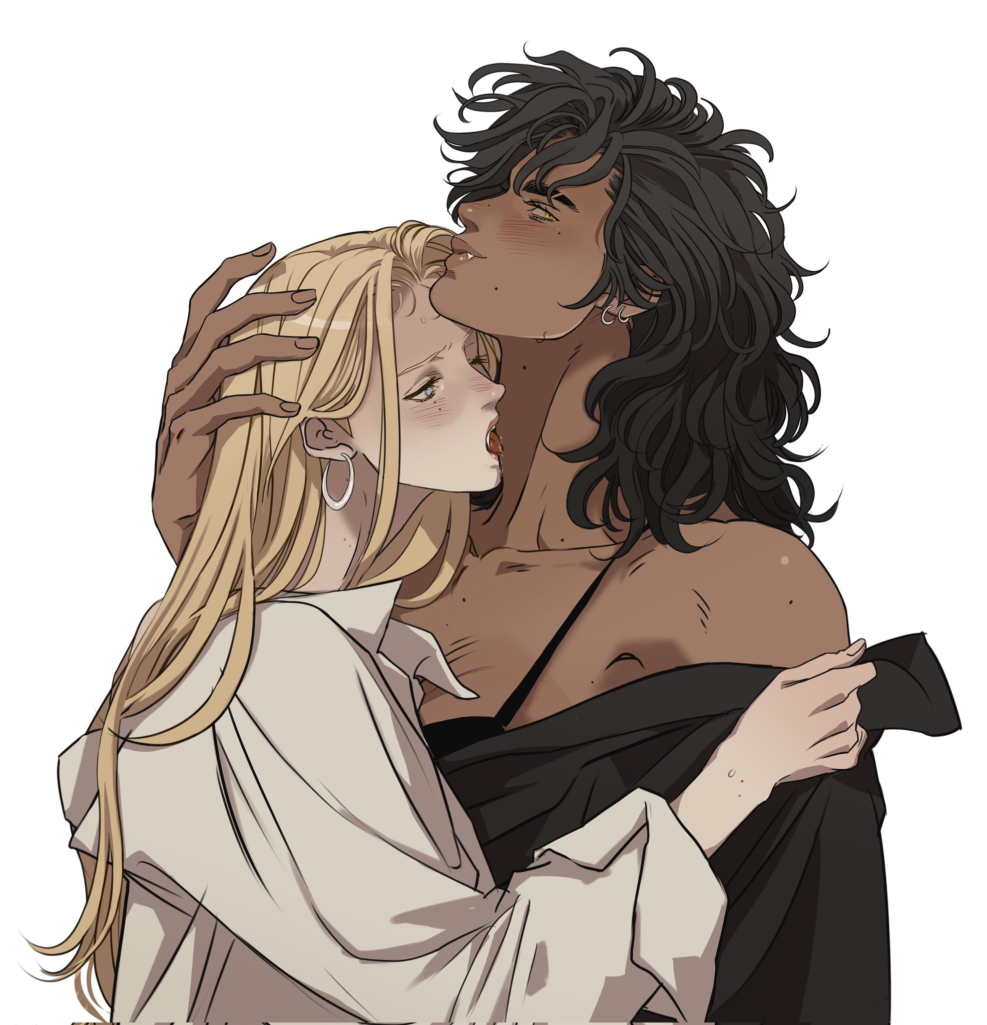 the image shows two animestyle characters in an intimate embrace. one character has long, flowing blonde hair and is wearing a loose, white buttondown shirt with large hoop earrings. the other character has dark skin, long black curly hair, and is wearing a strappy top with a black robe over it. the darkerskinned character is biting the blonde character's neck in a romantic way, and the blonde character's expression suggests both surprise and pleasure. they are holding each other closely. the background is plain white.